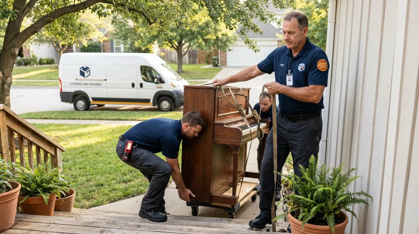 Licensed piano movers securing grand piano in Falls Church, VA