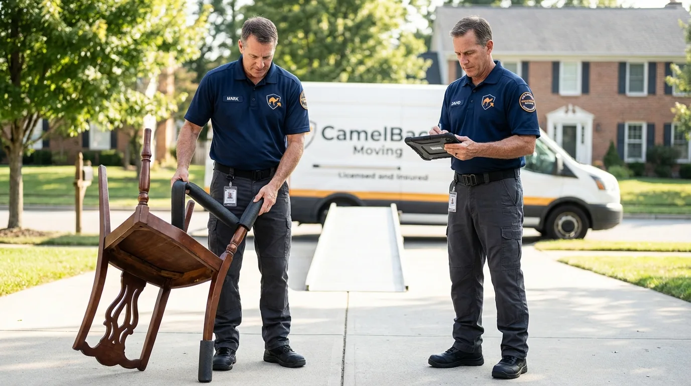 Movers inspecting furniture for damage prevention before loading in Falls Church, VA